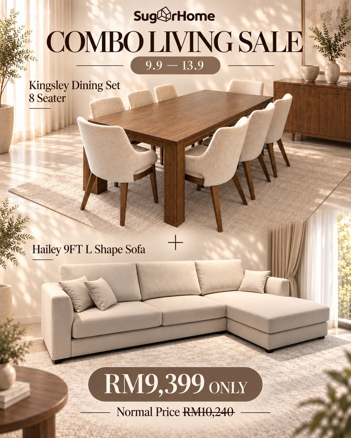 Combo Living Sale – Kingsley Dining Set & Hailey 9FT L-Shape Sofa