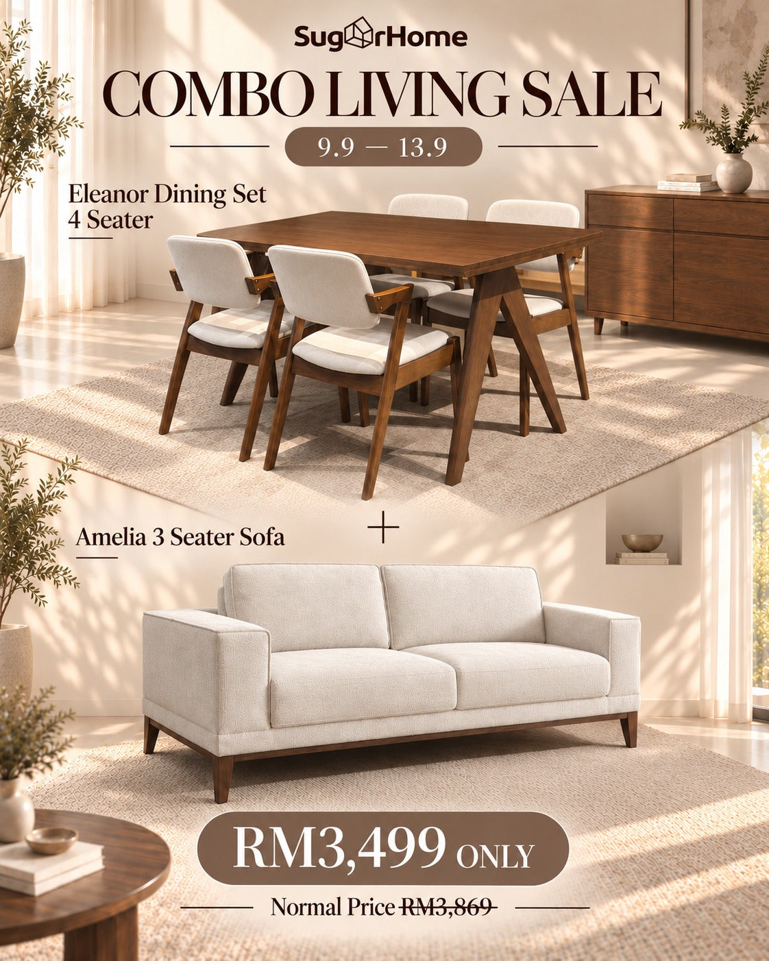 Combo Living Sale – Eleanor Dining Set & Amelia 3-Seater Sofa