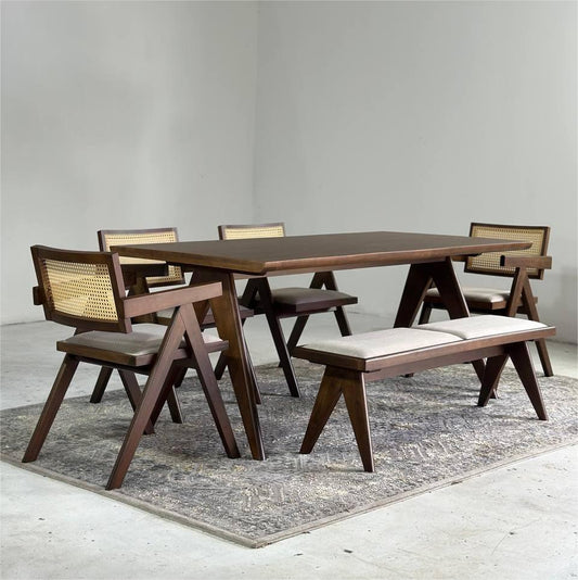 Eleanor 1.8m Dining Table with 4 Eleanor Chairs + 1.3m Eleanor Bench in Medium Brown (Set)