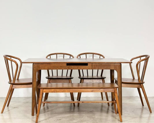 Pecan Extension 1.3m - 1.6m Dining Table with 4 Harper Chair + 1.1m Aiko Bench