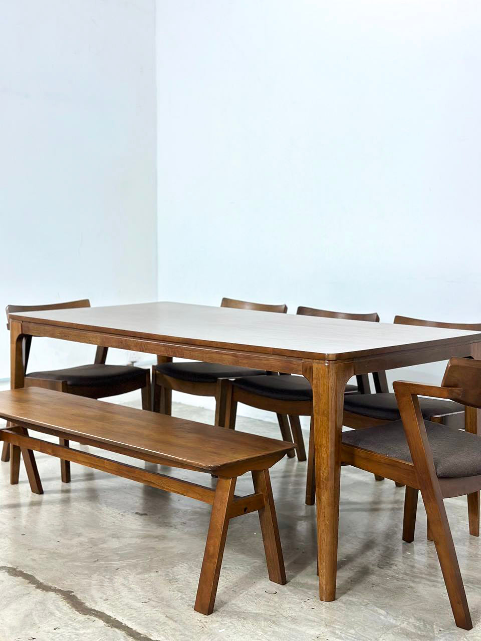 Walnut 1.8m Dining Table with 5 Zoey Chairs + 1.5m Wooden Bench