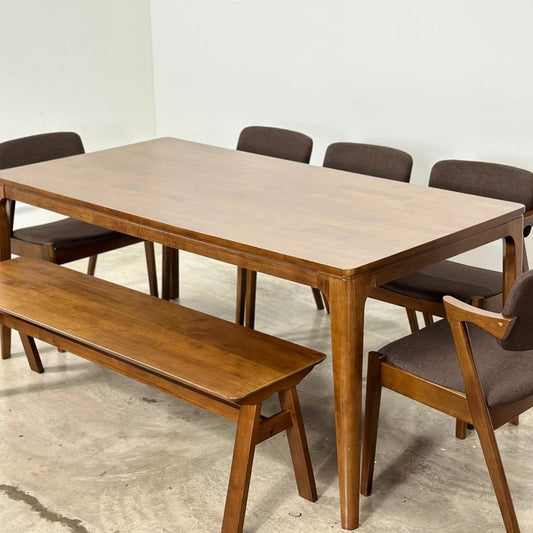 Walnut 1.8m Dining Table with 5 Zack Chairs + 1.5m Wooden Bench