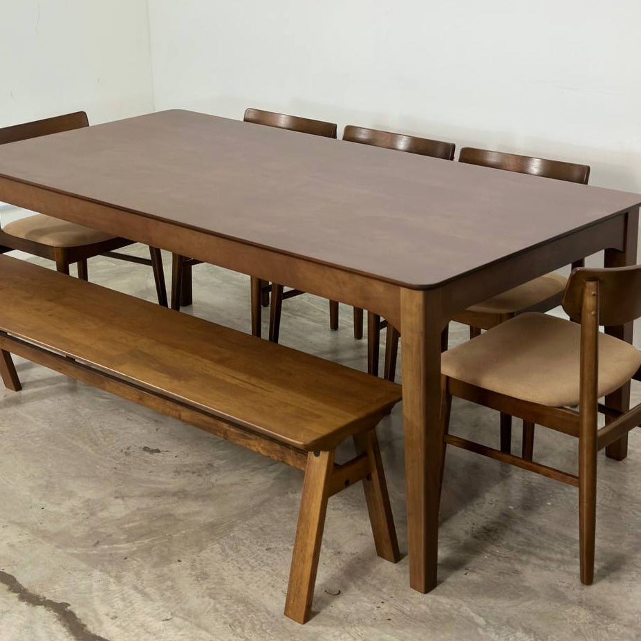 Hailey 1.97m Dining Table with 5 Mocha Chairs + 1.7m Wooden Bench