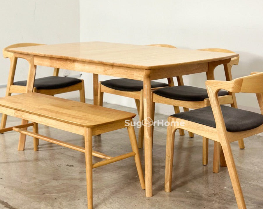 Mila Extension 1.5m - 1.8m Dining Table with 4 Zara Chairs + 1.1m Aiko Bench
