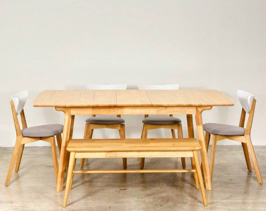 Mila Extension 1.5m - 1.8m Dining Table with 4 Hazel Chairs + 1.1m Aiko Bench