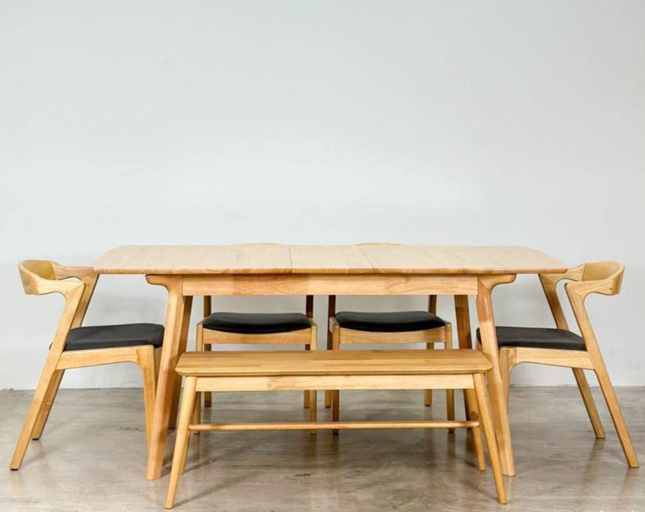 Mila Extension 1.5m - 1.8m Dining Table with 4 Zara Chairs + 1.1m Aiko Bench