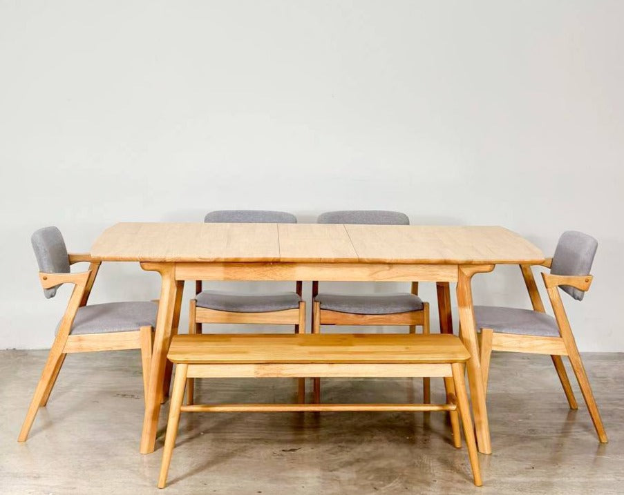 Mila Extension 1.5m - 1.8m Dining Table with 4 Zack Chairs + 1.1m Aiko Bench