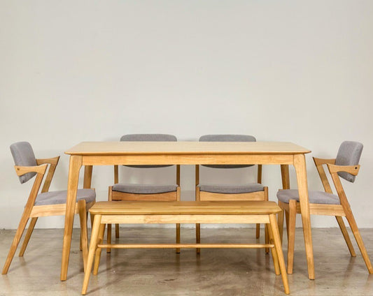 Hazelnut 1.5m Dining Table in Natural with 4 Zack Chairs + 1.1m Aiko Bench