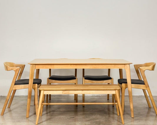 Hazelnut 1.5m Dining Table in Natural with 4 Zara Chairs + 1.1m Aiko Bench