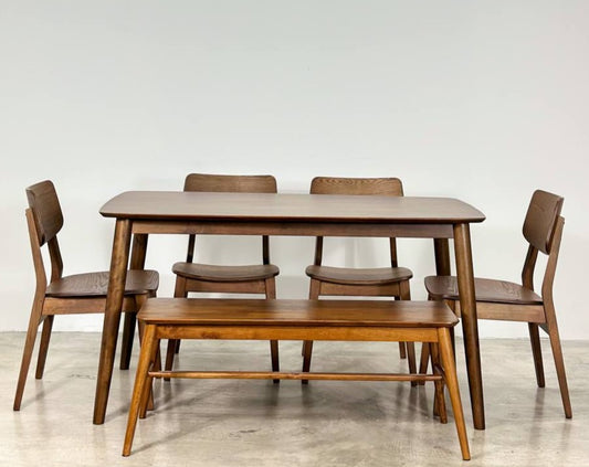 Hazelnut 1.47m Dining Table in Medium Brown with 4 Henry Chairs + 1.1m Aiko Bench