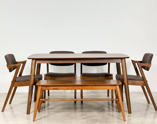 Hazelnut 1.47m Dining Table in Medium Brown with 4 Zack Chairs + 1.1m Aiko Bench