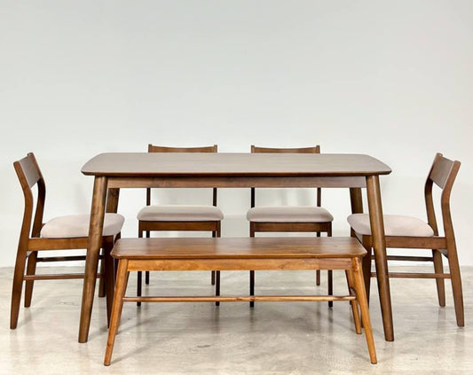 Hazelnut 1.47m Dining Table in Medium Brown with 4 Terra Chairs + 1.1m Aiko Bench