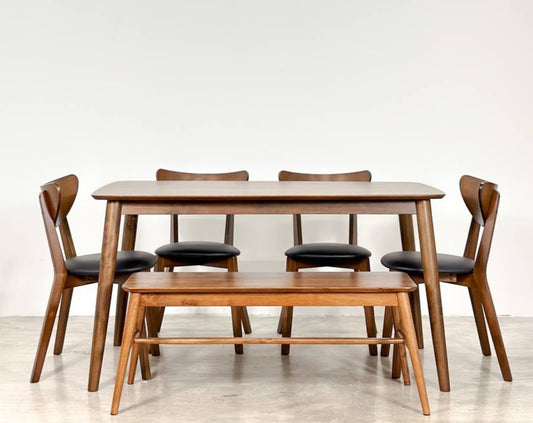 Hazelnut 1.47m Dining Table in Medium Brown with 4 Hazel Chairs + 1.1m Aiko Bench