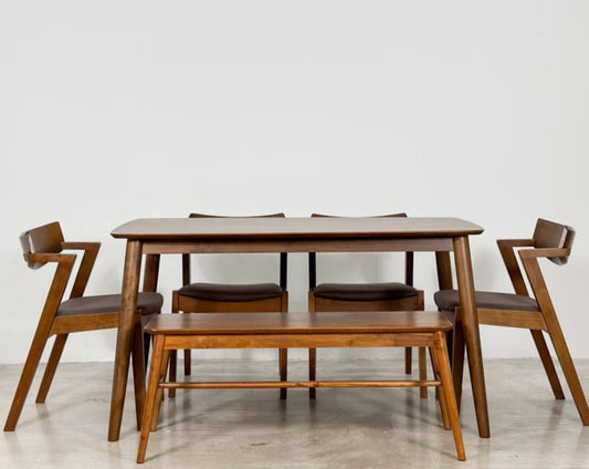 Hazelnut 1.47m Dining Table in Medium Brown with 4 Zoey Chairs + 1.1m Aiko Bench